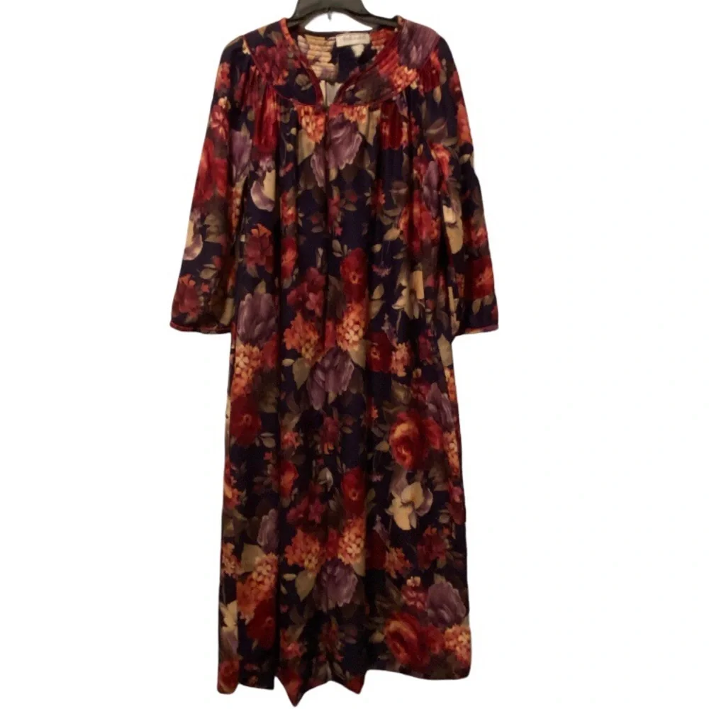 Vintage Herbcraft II Blue Floral 3/4 Zip Robe House Coat Caftan M